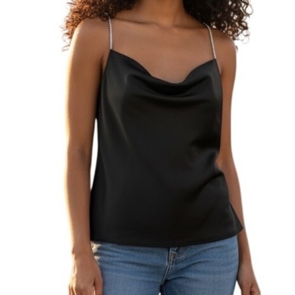 HOUSE OF HARLOW 1960 Black Satin Draped Neck Rhinestone Straps Top EUC Small